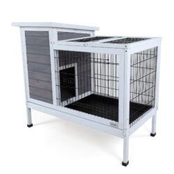 Two Tier Wooden Rabbit Cage Outdoor Indoor For Small Animals With Runway And Leak-Proof Plastic Tray - Gray