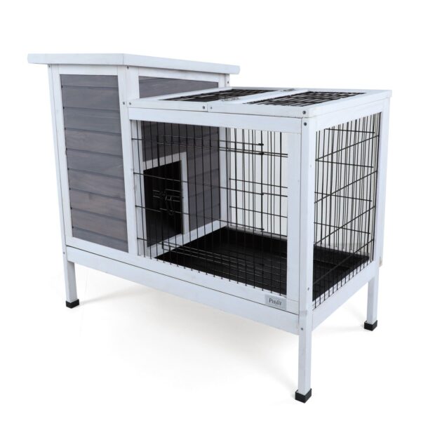 Two Tier Wooden Rabbit Cage Outdoor Indoor For Small Animals With Runway And Leak-Proof Plastic Tray - Gray