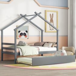 Twin Size House-Shaped Bed With Trundle - Gray