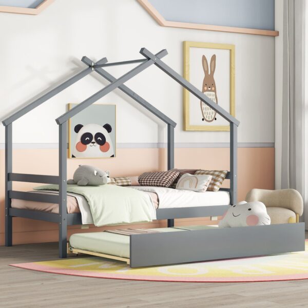 Twin Size House-Shaped Bed With Trundle - Gray