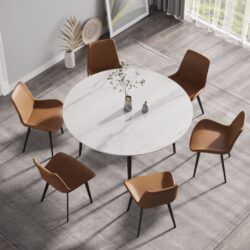 59.05" Modern Man-Made Stone Round Metal Dining Table-Position For 6 People - White / Black
