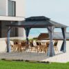 10' x 13' Hardtop Wood Gazebo For Patios, Outdoor Framed Gazebo With Polycarbonate Double Roof Canopy, Solid Wooden Framed Gazebo With Privacy Curtains And Mosquito Nettings For Garden, Backyard - Black - Image 7