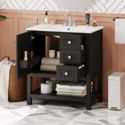Transitional Style Bathroom Vanity Cabinet Combo With Ceramic Sink, Soft Close Door - Black