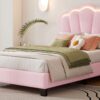 Twin Size Upholstered Flower-Shape Bed, Elegant Flowers Headboard With LED Light Strip, Sherpa Fabric Platform Bed With Slats Support - Pink - Image 18