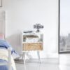 15.75" Rattan End Table With Power Outlet & USB Ports, Modern Nightstand With Drawer And Solid Wood Legs, Side Table For Living Room, Bedroom - White - Image 2