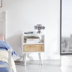 15.75" Rattan End Table With Power Outlet & USB Ports, Modern Nightstand With Drawer And Solid Wood Legs, Side Table For Living Room, Bedroom - White