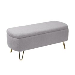 Storage Ottoman Bench For End Of Bed Gold Legs, Modern Gray Faux Fur Entryway Bench Upholstered Padded With Storage For Living Room Bedroom - Gray