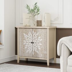 2 Door Carved Storage Cabinet With Adjustable Shelf, Accent Furniture For Living Room, Hallway, Kitchen - Natural