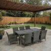 9 Piece Outdoor Patio Wicker Dining Set Patio Wicker Furniture Dining Set Glass Top - Gray / Black - Image 2