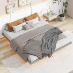 King Size Floating Bed With LED Lights Underneath, Modern King Size Low Profile Platform Bed With LED Lights - Gray