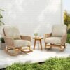 Modern 3 Piece Outdoor Seating Set With Cushioned Rattan Rocking Chairs And Wooden Accent Table - Beige - Image 2