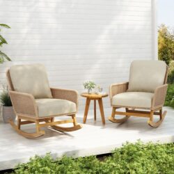 Modern 3 Piece Outdoor Seating Set With Cushioned Rattan Rocking Chairs And Wooden Accent Table - Beige