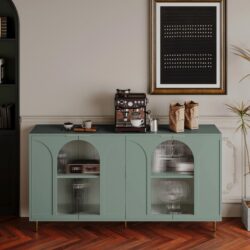 Accent Cabinet Lacquered Wooden Cabinet With 4 Glass Doors Sideboard Buffet Server Cabinet Storage Cabinet, For Living Room, Entryway, Hallway, Office, Kitchen And Dining Room - Mint Green