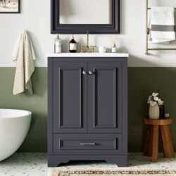 Bathroom Vanity With Ceramic Sink Combo, Modern Freestanding Storage Cabinet With Silver Handles, Soft Closing Doors - Blue Gray