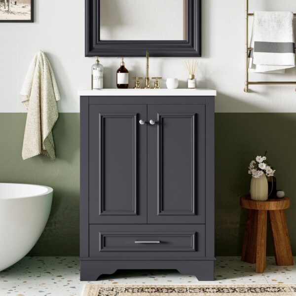 Bathroom Vanity With Ceramic Sink Combo, Modern Freestanding Storage Cabinet With Silver Handles, Soft Closing Doors - Blue Gray