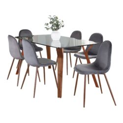 Folia Pebble - 7 Piece Mid-Century Modern Dining Set - Walnut / Clear Tempered / Walnut / Gray