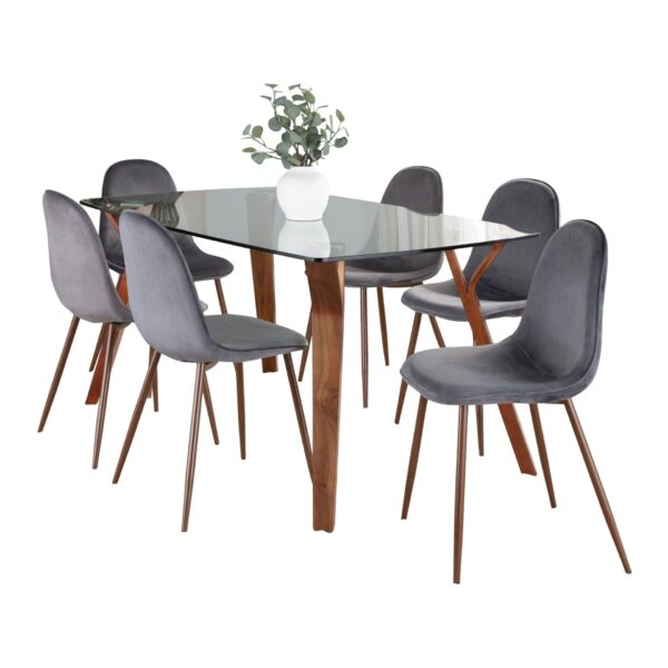 Folia Pebble - 7 Piece Mid-Century Modern Dining Set - Walnut / Clear Tempered / Walnut / Gray