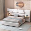 Queen Size Upholstered Platform Bed, 2 Outlets And USB Charging Ports On Both Sides, 2 Bedside Pillows, Storage Shelves - Beige - Image 9
