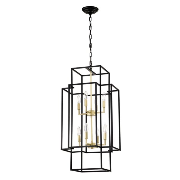 8 Light Metal Lantern Tiered Pendant Hanging Light Fixtures, Industrial Farmhouse Adjustable Height Chandeliers For Dining Room Hallway Foyer Entryway (E12 Bulbs Not Included) - Matte Black / Gold