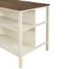 Solid Wood Rustic 3 Piece Stationary Kitchen Island Set With 2 Seatings, Rubber Wood Butcher Block Dining Table Set Prep Table Set With 2 Open Shelves For Small Places - Walnut / Cream White - Image 14
