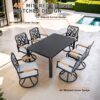 7 Pieces Outdoor Patio Furniture Set, Modern Dining Set With 6 Swivel Rockers Sunbrella Fabric, Rectangular Table With Umbrella Hole - Bourbon Brown - Image 5
