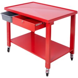 Transmission Teardown Work Station 1 / 2 Ton Capacity Sloping Drain Table Locking Drawer Removable Drain Basin Full-Width Lower Shelf Four 4" Caster Wheels - Red