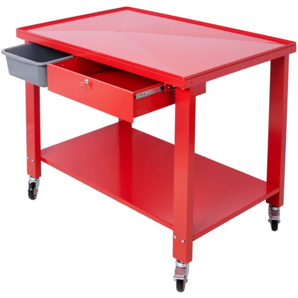 Transmission Teardown Work Station 1 / 2 Ton Capacity Sloping Drain Table Locking Drawer Removable Drain Basin Full-Width Lower Shelf Four 4" Caster Wheels - Red
