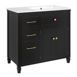Modern Bathroom Vanity With Ceramic Sink, Freestanding, One Tip - Out Drawer, 3 Side Drawers, Adjustable Shelf - Beige