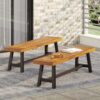 Tranquilizer - Outdoor Acacia Wood Bench With Slat Panel Design (Set of 2) - Sandblasted Brown / Rustic Metal - Image 5