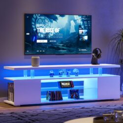 TV Stand LED Gaming Entertainment Center Media Storage Console Table With Large Side Cabinet For Living Room - White