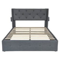 Modern Queen Size Bed Frame With Storage, Wingback Headboard, USB Ports - Dark Gray