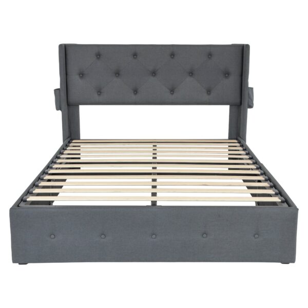 Modern Queen Size Bed Frame With Storage, Wingback Headboard, USB Ports - Dark Gray