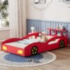 Wooden Race Car Bed, Car Shaped Platform Twin Bed With Wheels For Teens - Red / Yellow - Image 3
