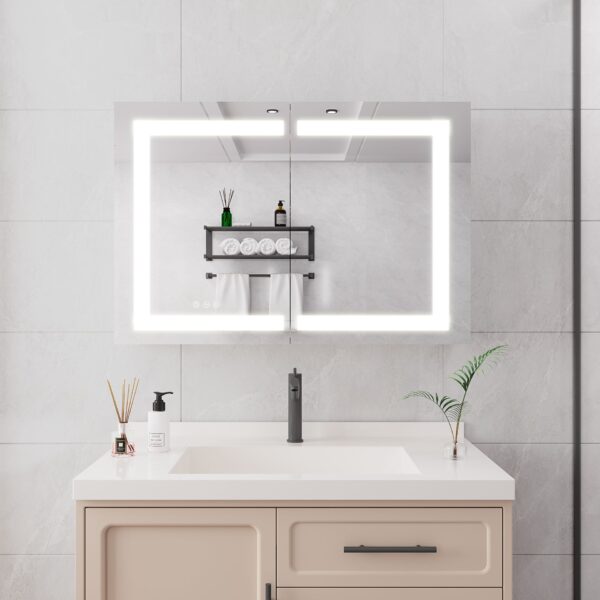 Bathroom Medicine Cabinet With Lights, LED Medicine Cabinet With Mirror, Wall Cabinet With Shelves, Double Door Lighted Medicine Cabinet With Defogger, Dimmable, Wall Mount - Silver