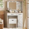 Farmhouse Makeup Vanity Desk With Mirror And Lights, 3 Lighting Modes, Vanity Set With Stool, Dressing Table With Adjustable Shelves, 2 Drawers And Side Cabinet For Bedroom - White - Image 5