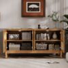Retro 4 Door Sideboard With Large Storage Space, Artificial Rattan Doors - Transparent Glass - Antique Brown - Image 5