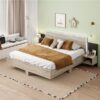 King Size Floating Platform Bed, With LED Lights, Bedside Nightstand - Natural - Image 8