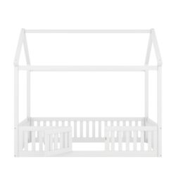 Wood House Bed With Fence And Door - White