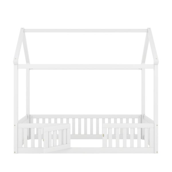 Wood House Bed With Fence And Door - White