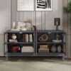 Retro Industrial Gray 4 Door Sideboard With Large Storage, Rattan And Glass Doors - Antique Dark Gray / Rattan - Image 5