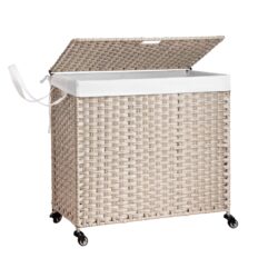 Laundry Hamper With Lid PE Rattan Powder Coating Frame Clothes Hampers With 2 Removable Bags, Wheels, 160L - Gray