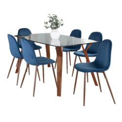 Folia Pebble - 7 Piece Mid-Century Modern Dining Set - Walnut / Clear Tempered Blue