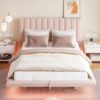 Queen Size Upholstered Hydrualic Platform Floating Bed With LED Light And USB Port - Pink - Image 19