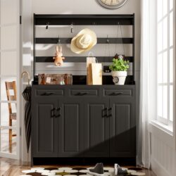 Minimalist 4 Door Shoe Cabinet With Coat Rack, Spacious Top, 3 Drawers, 8 Shelves, Metal Hooks And Handles For Hallway - Black
