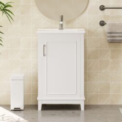 Modern Small Bathroom Vanity Cabinet With Ceramic Basin, Ample Storage, 1 Soft-Close Door - White