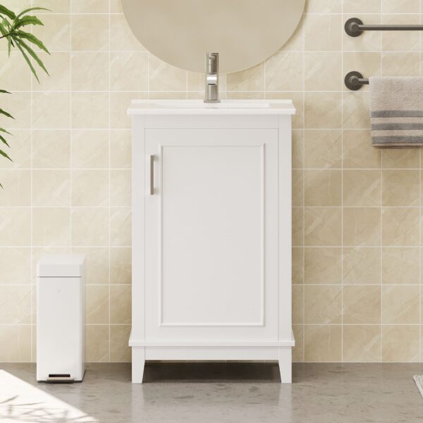 Modern Small Bathroom Vanity Cabinet With Ceramic Basin, Ample Storage, 1 Soft-Close Door - White
