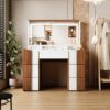Elegant Vanity Table With Large Lighted Mirror & Power Outlet, Dressing Table With 7 Drawers & Shelves, Vanity Desk With Brown Solid Wood Style Stickers - Brown / White - Image 6
