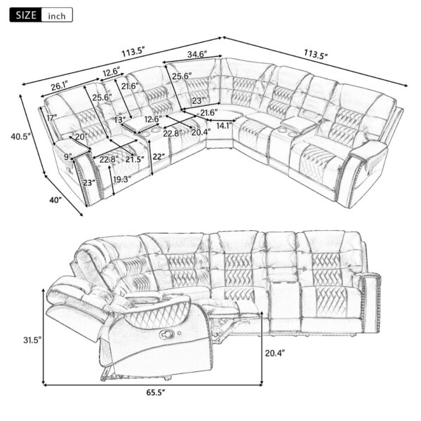 Manual Reclining Sectional Sofa Set L Shaped Symmetrical Motion Sofa Corner Couch Sets With Storage Boxes, 4 Cup Holders And LED Light Strip For Living Room - Black