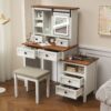 Farmhouse Makeup Vanity Desk With Adjustible LED Lighted Mirror And Charging Station For Bedroom, Dressing Vanity Table With Side Cabinet And Cushioned Stool - White - Image 15