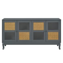 Retro Industrial Gray 4 Door Sideboard With Large Storage, Rattan And Glass Doors - Antique Dark Gray / Rattan